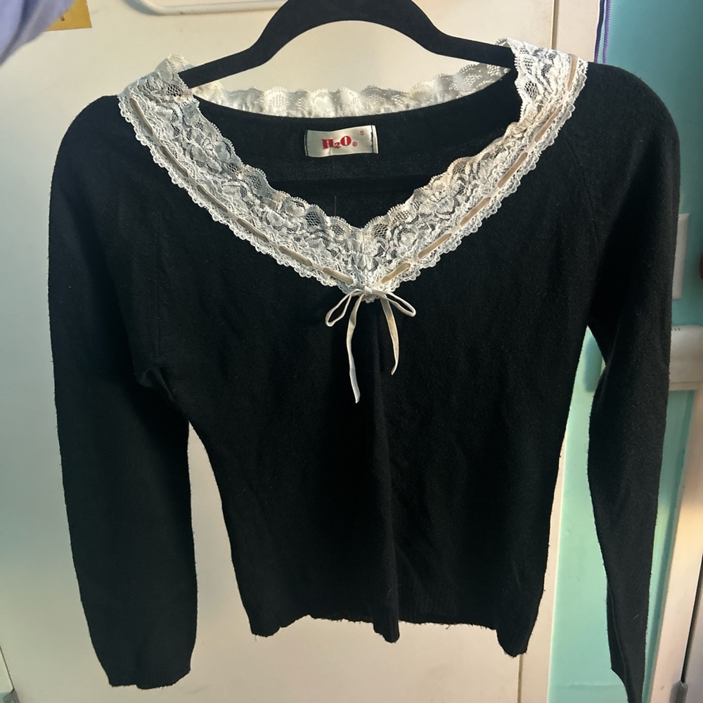 Black Sweater with Lace Trim